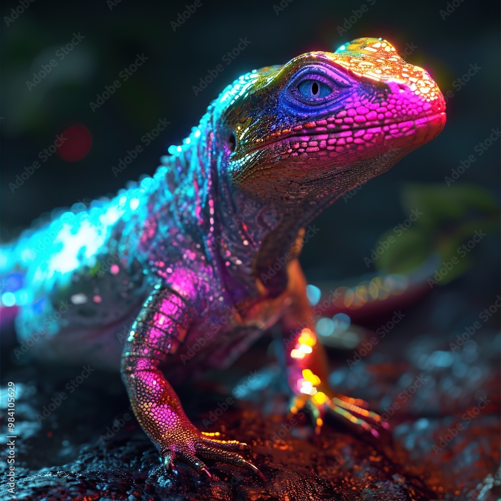 Close up of a lizard on the rock with multicolored neon lights Close up of a lizard on the rock with multicolored neon lights