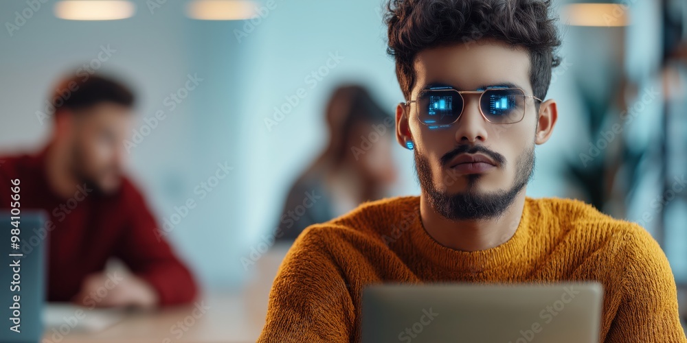Futuristic Businessman with Augmented Reality Interface in a High-Tech Office Futuristic Businessman with Augmented Reality Interface in a High-Tech Office
