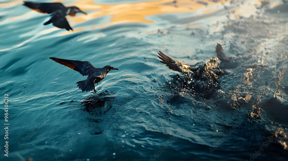 Obraz premium Oil spill on the surface of the ocean with seabirds covered in oil, showcasing environmental disasters in marine ecosystems