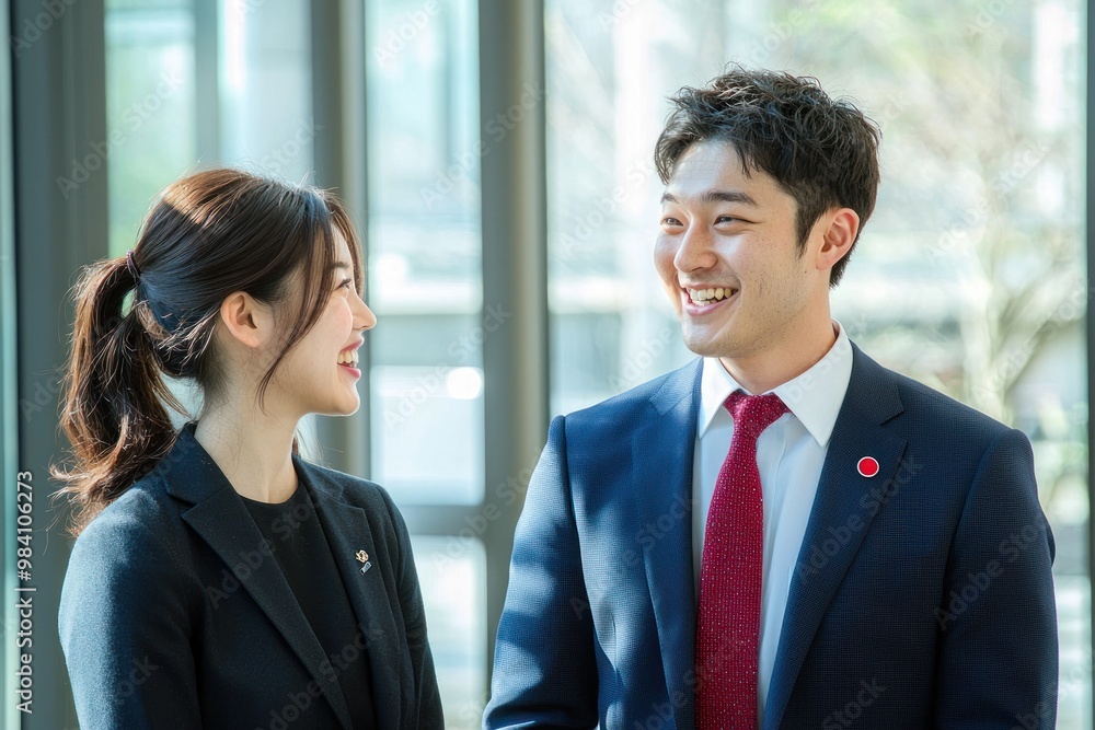A Japanese businessman in a suit is talking to a female employee, both with smiling faces and cheerful expressions, in an office setting. The image is a wide shot with high-resolution photography A Japanese businessman in a suit is talking to a female employee, both with smiling faces and cheerful expressions, in an office setting. The image is a wide shot with high-resolution photography