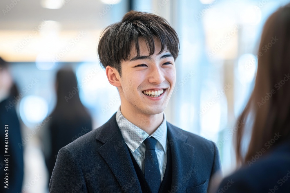 A Japanese businessman in a suit is talking to a female employee, both with smiling faces and cheerful expressions, in an office setting. The image is a wide shot with high-resolution photography A Japanese businessman in a suit is talking to a female employee, both with smiling faces and cheerful expressions, in an office setting. The image is a wide shot with high-resolution photography