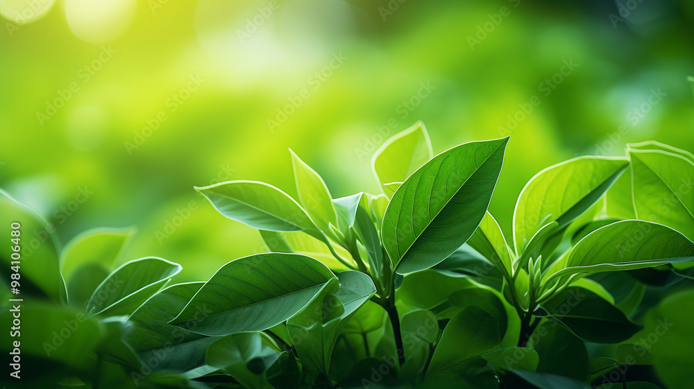 Obraz premium Fresh green leaves glowing under soft sunlight in a vibrant natural setting.