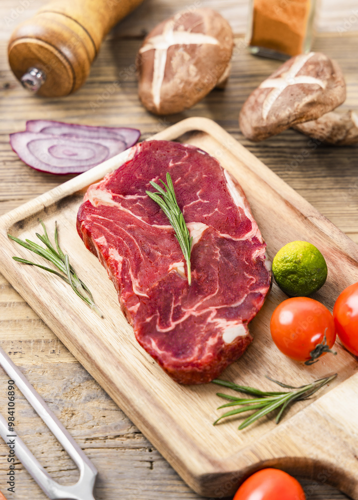 A raw steak on a wooden cutting board with rosemary, red onion, tomatoes and limes, ready to be grilled. A raw steak on a wooden cutting board with rosemary, red onion, tomatoes and limes, ready to be grilled.