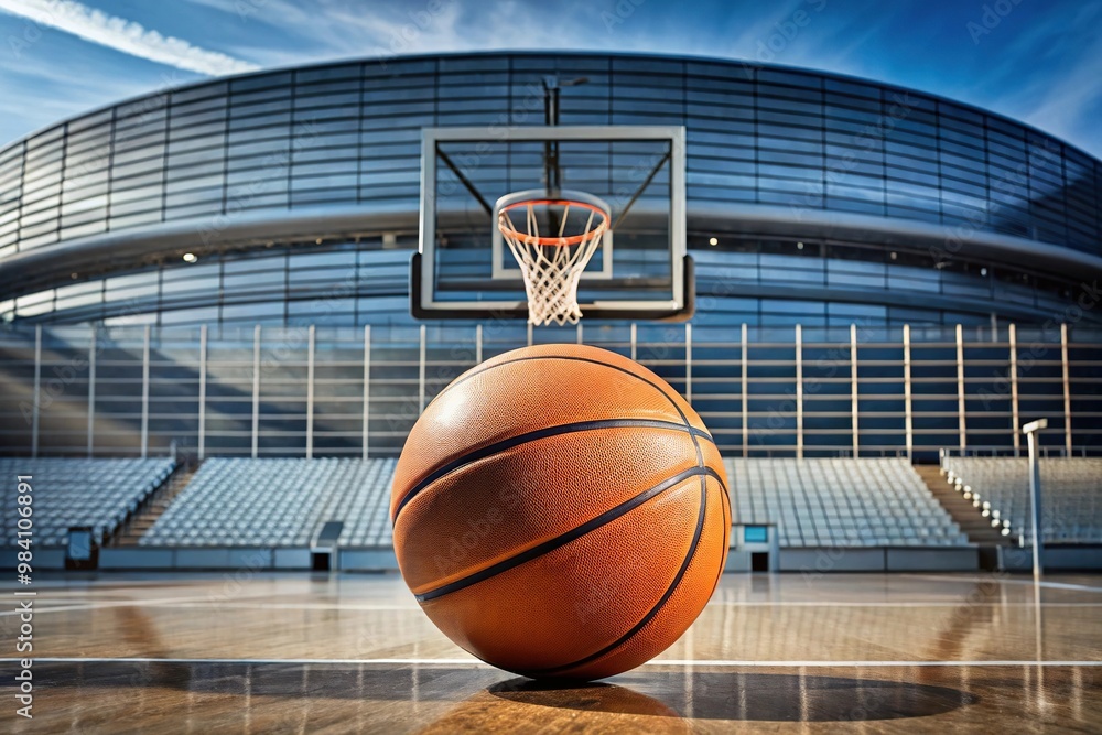 Basketball ball poised in front of modern arena Basketball ball poised in front of modern arena