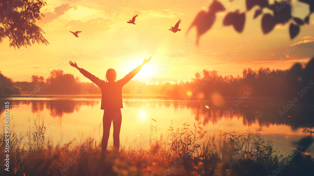 Fototapeta premium A visual of a joyful person celebrating with arms raised in a bright, sunny park.