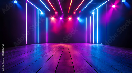 Stage with neon lamps and diagonal lines creates a colorful backdrop