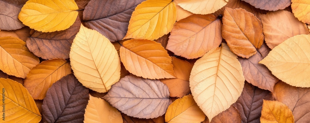A close up of a pile of autumn leaves. The leaves are brown and yellow, and they are scattered all over the ground A close up of a pile of autumn leaves. The leaves are brown and yellow, and they are scattered all over the ground