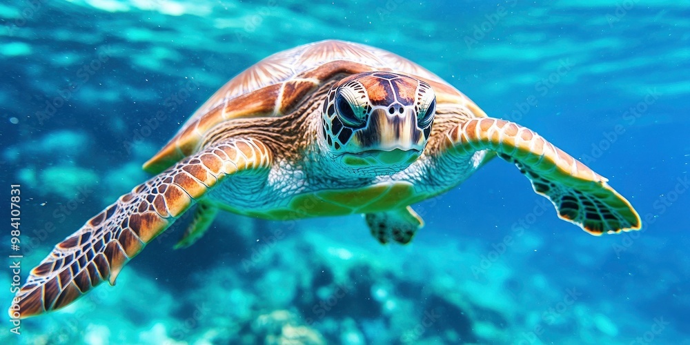 Fototapeta premium A stunning green sea turtle swimming in a tropical island reef
