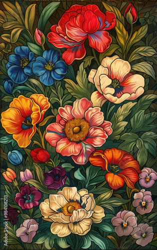 Vivid Victorian Stained Glass Florals: High-Contrast Gouache Chromolithography Illustration from 1845-1895, Clean Vector Art, Centered with 50% Margin photo