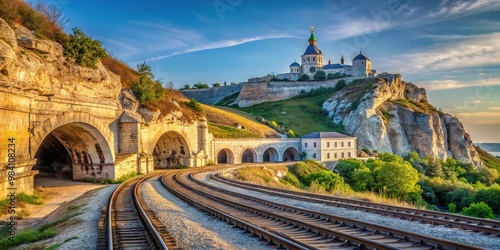 Beautiful aerial view of Inkerman St Klimentovsky Cave Monastery railway and Kalamita fortress in Sevastopol, photo