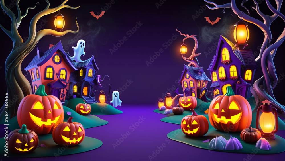 Fototapeta premium A vibrant Halloween scene with glowing pumpkins, haunted houses, spooky ghosts, and bats flying under a full moon. A festive, fun, and eerie atmosphere for Halloween night.