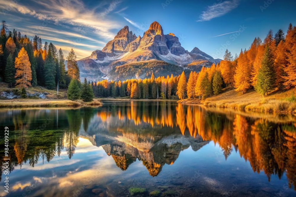 Obraz premium Beautiful landscape view of Dolomites mountains, Lago di Antorno, Three Peaks of Lavaredo during autumn