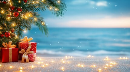 Tropical Christmas setting with a decorated palm tree wrapped in festive lights and presents on the sandy beach under a deep blue evening sky