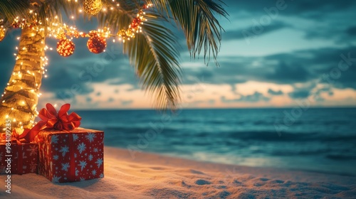 Fototapeta Naklejka Na Ścianę i Meble -  Tropical Christmas setting with a decorated palm tree wrapped in festive lights and presents on the sandy beach under a deep blue evening sky