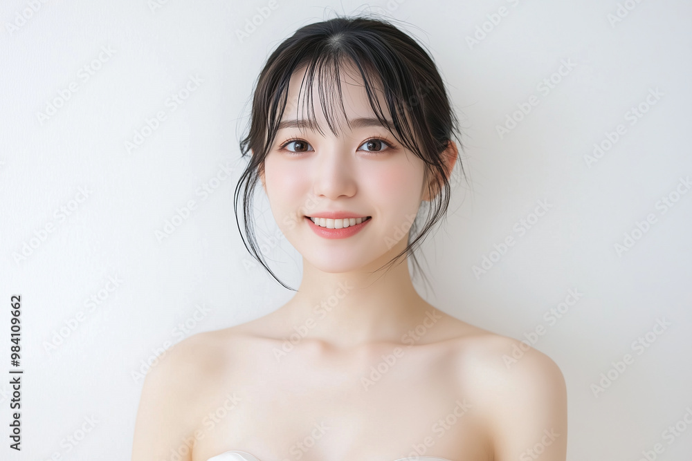 A Japanese woman stands against a white background, smiling and looking directly at the camera A Japanese woman stands against a white background, smiling and looking directly at the camera