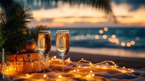 Fototapeta Naklejka Na Ścianę i Meble -  champagne glasses set on a beach with Christmas decorations and fairy lights, overlooking the ocean waves at sunset