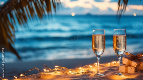 Fototapeta Naklejka Na Ścianę i Meble -  champagne glasses set on a beach with Christmas decorations and fairy lights, overlooking the ocean waves at sunset