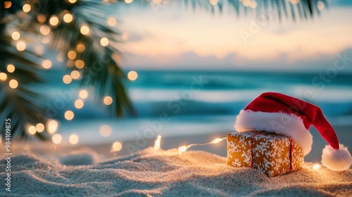 Fototapeta Naklejka Na Ścianę i Meble -  Santa hat resting on the sandy beach under a palm tree with glowing lights, with blurred ocean and bokeh lights in the background at dusk.