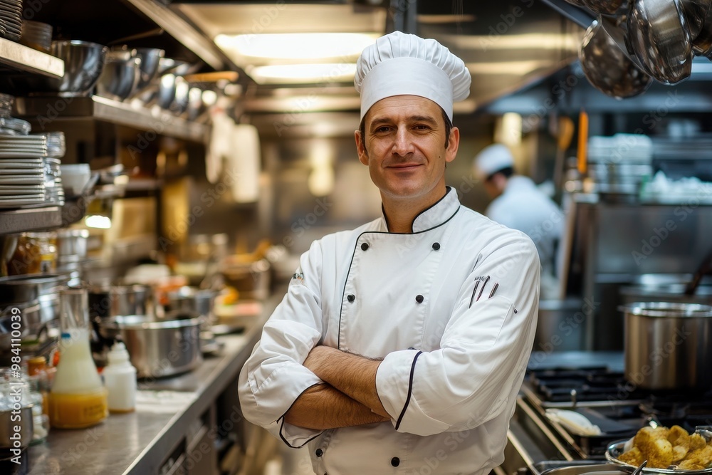 A professional chef standing proudly in a busy kitchen, arms crossed with a look of satisfaction A professional chef standing proudly in a busy kitchen, arms crossed with a look of satisfaction