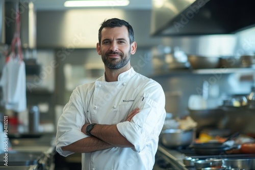 A professional chef standing proudly in a busy kitchen, arms crossed with a look of satisfaction