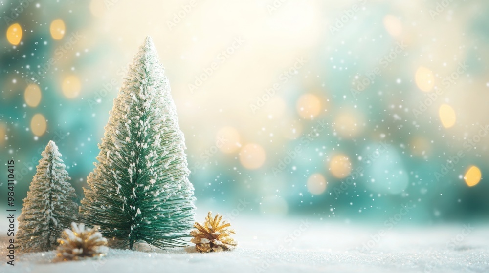 Small snow covered Christmas tree with light soft background Small snow covered Christmas tree with light soft background
