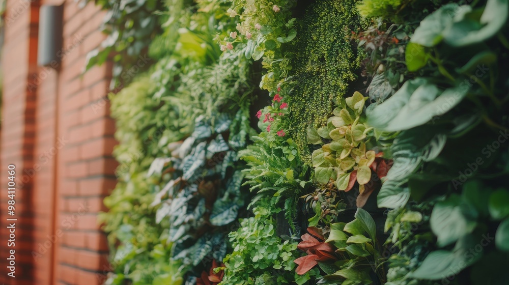 A vertical garden wall with various plants and flowers, creating an eco-friendly green space in the city. A vertical garden wall with various plants and flowers, creating an eco-friendly green space in the city.