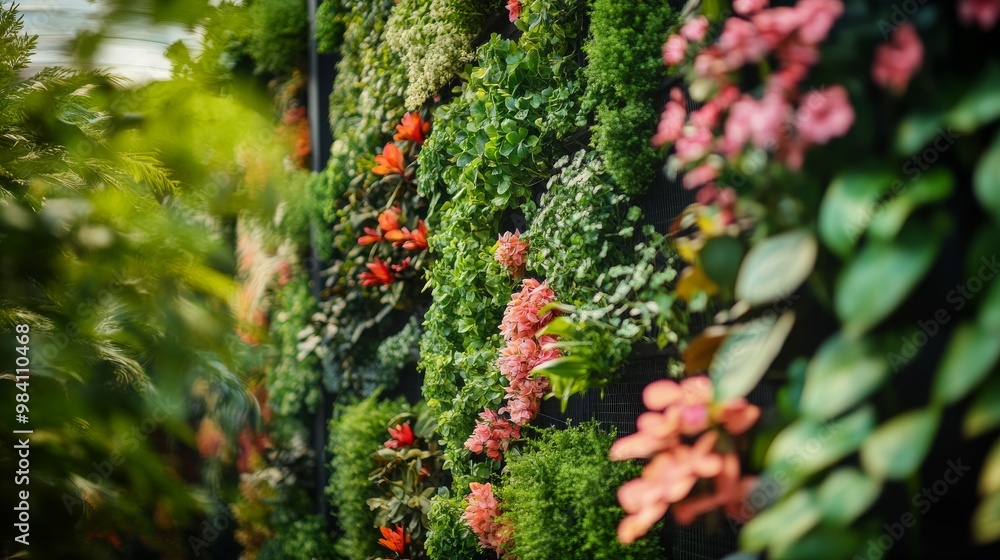 A vertical garden wall with various plants and flowers, creating an eco-friendly green space in the city. A vertical garden wall with various plants and flowers, creating an eco-friendly green space in the city.