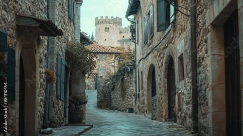 A narrow street in a medieval European town, with stone buildings, arched windows, and a castle in the background