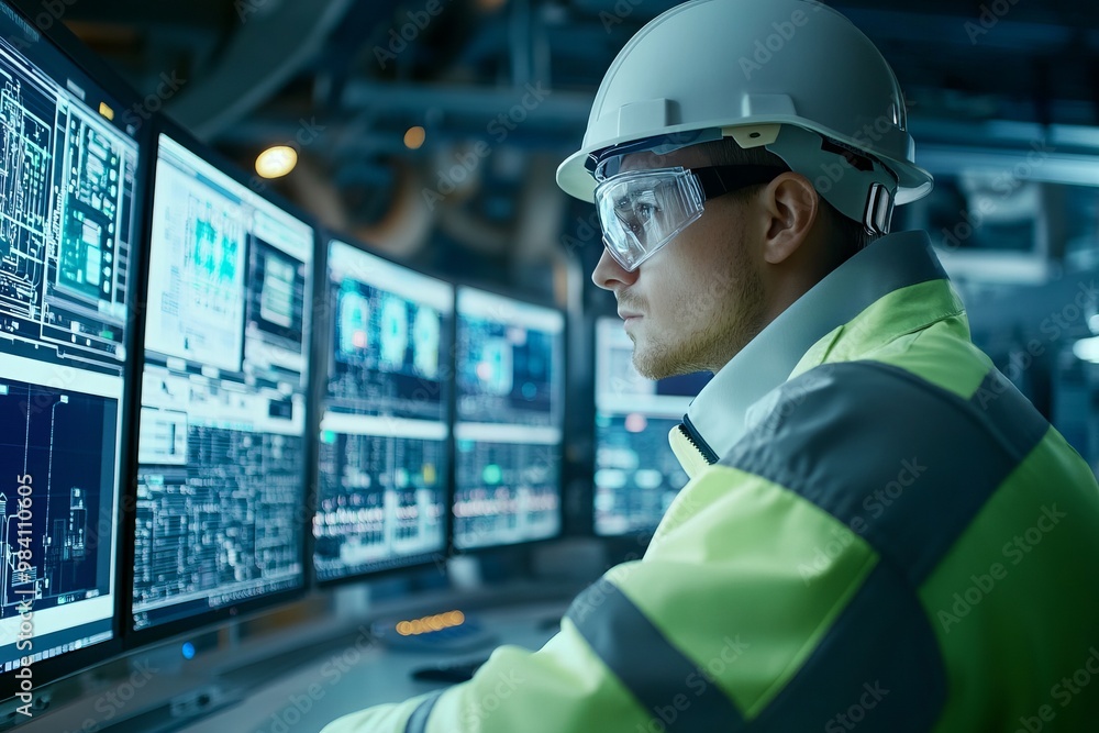 An engineer in a white protective helmet sits at a large number of monitors and monitors the production process
An engineer in a white protective helmet sits at a large number of monitors and monitors the production process