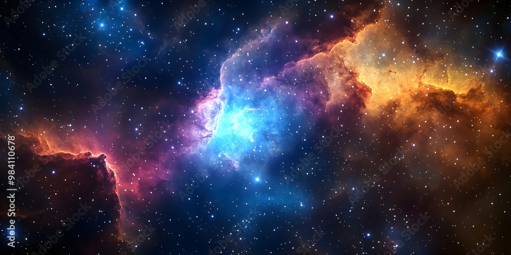 Fototapeta premium A mesmerizing view of a nebula, a vast cloud of gas and dust, in the cosmos, showcasing a vibrant mix of colors and twinkling stars.