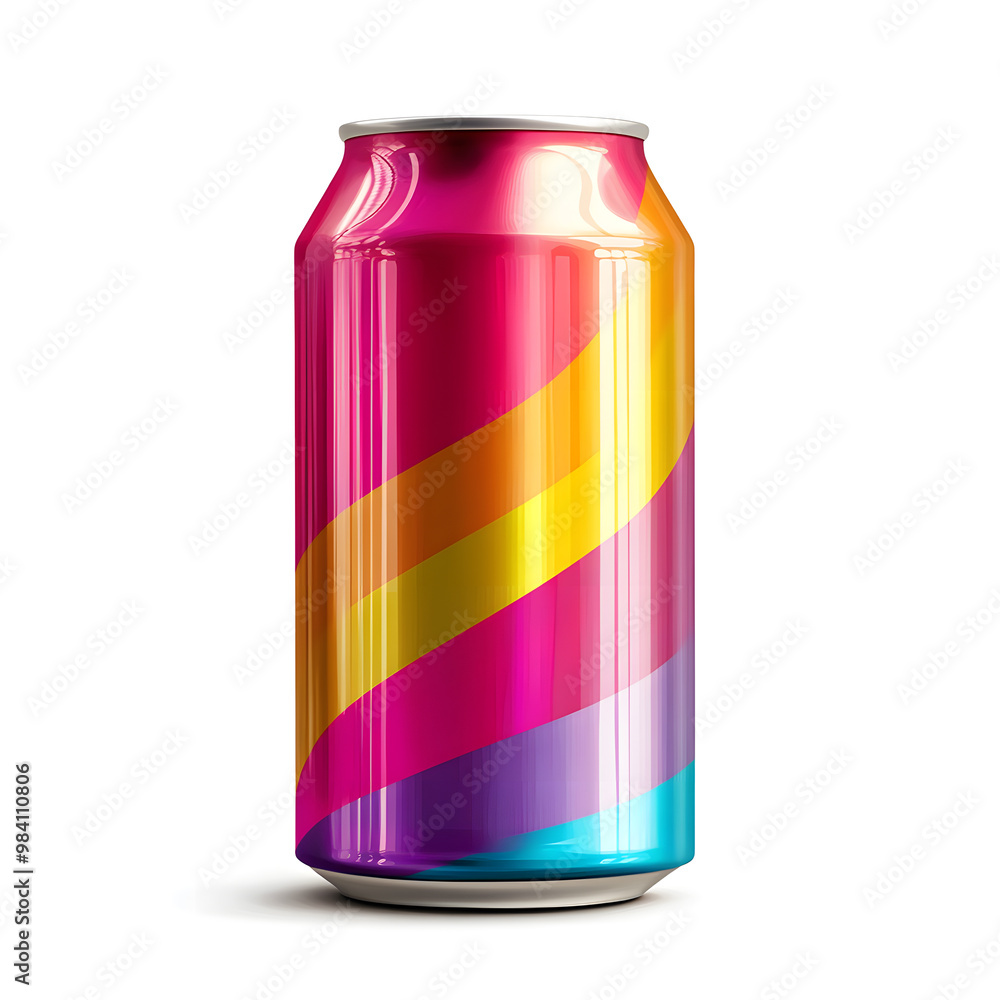 A colorful soda can with dynamic patterns,, isolated on a crisp white background A colorful soda can with dynamic patterns,, isolated on a crisp white background