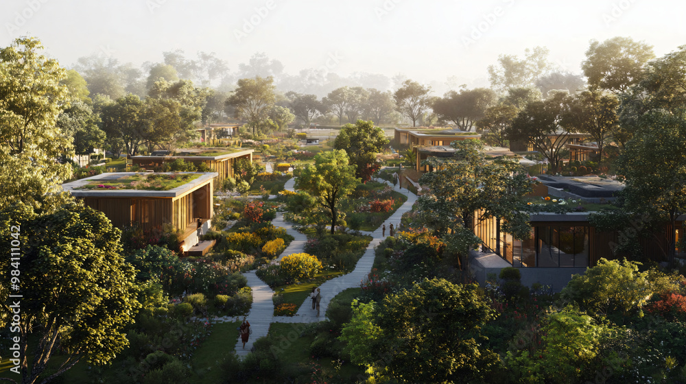 A visual of a green residential community with energy-efficient homes and communal green spaces. A visual of a green residential community with energy-efficient homes and communal green spaces.