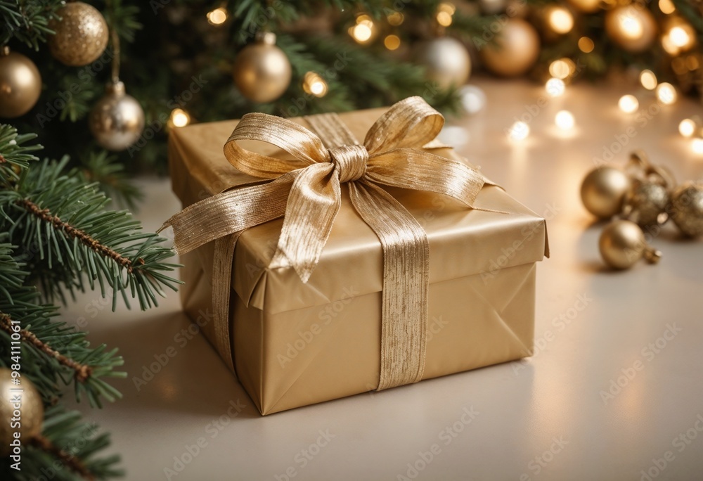 Golden Christmas gift box with ribbon near decorated Christmas tree and lights Golden Christmas gift box with ribbon near decorated Christmas tree and lights