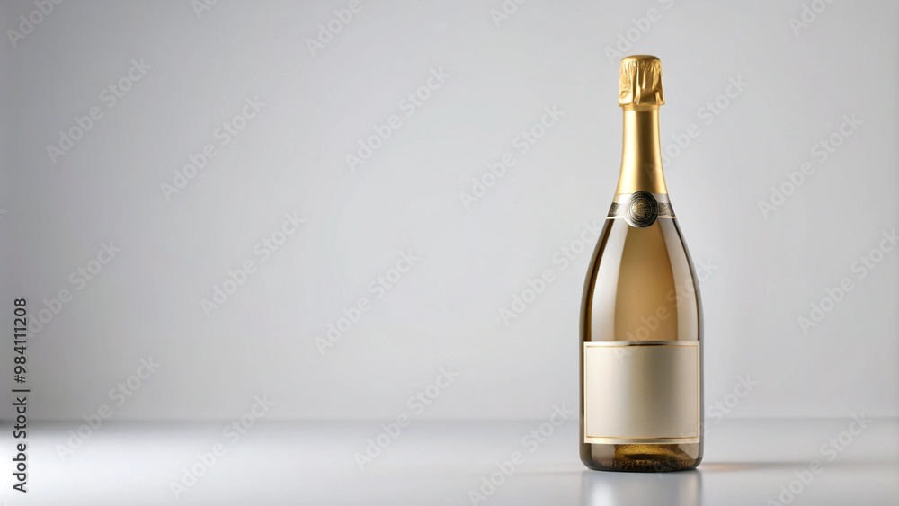 A classic bottle of champagne with a gold foil top and a blank cream label, standing on a neutral surface. Perfect for branding, product photography, or advertising in the luxury wine and spirits indu A classic bottle of champagne with a gold foil top and a blank cream label, standing on a neutral surface. Perfect for branding, product photography, or advertising in the luxury wine and spirits indu