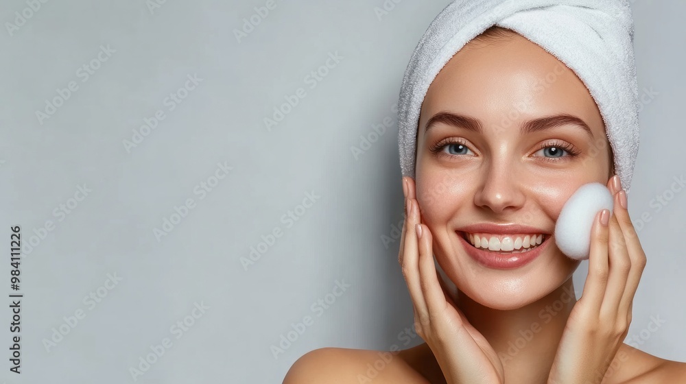 Young smiling woman removes makeup with sponge or cotton pad with hair on her head wrapped in white towel isolated on empty light gray background with space for text or inscriptions, spa, face or skin Young smiling woman removes makeup with sponge or cotton pad with hair on her head wrapped in white towel isolated on empty light gray background with space for text or inscriptions, spa, face or skin