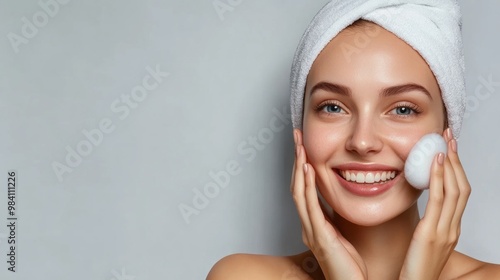 Young smiling woman removes makeup with sponge or cotton pad with hair on her head wrapped in white towel isolated on empty light gray background with space for text or inscriptions, spa, face or skin