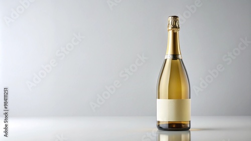 A classic bottle of champagne with a gold foil top and a blank cream label, standing on a neutral surface. Perfect for branding, product photography, or advertising in the luxury wine and spirits indu photo