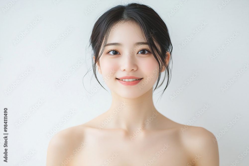 A Japanese woman stands against a white background, smiling and looking directly at the camera A Japanese woman stands against a white background, smiling and looking directly at the camera