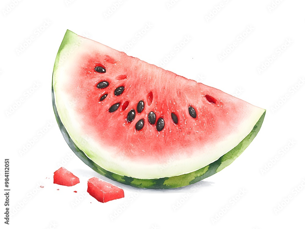 Capture a succulent, juicy slice of watermelon with glistening droplets, showcasing its vibrant red flesh and contrasting dark seeds, placed on a clean white backdrop