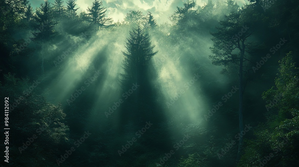 Dense forest in the early morning, with sunlight breaking through the mist Dense forest in the early morning, with sunlight breaking through the mist