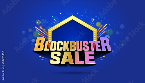 Festive background with Blockbuster sale 3d typography and geometric shape. Fireworks retro lights sparkle and lantern background.