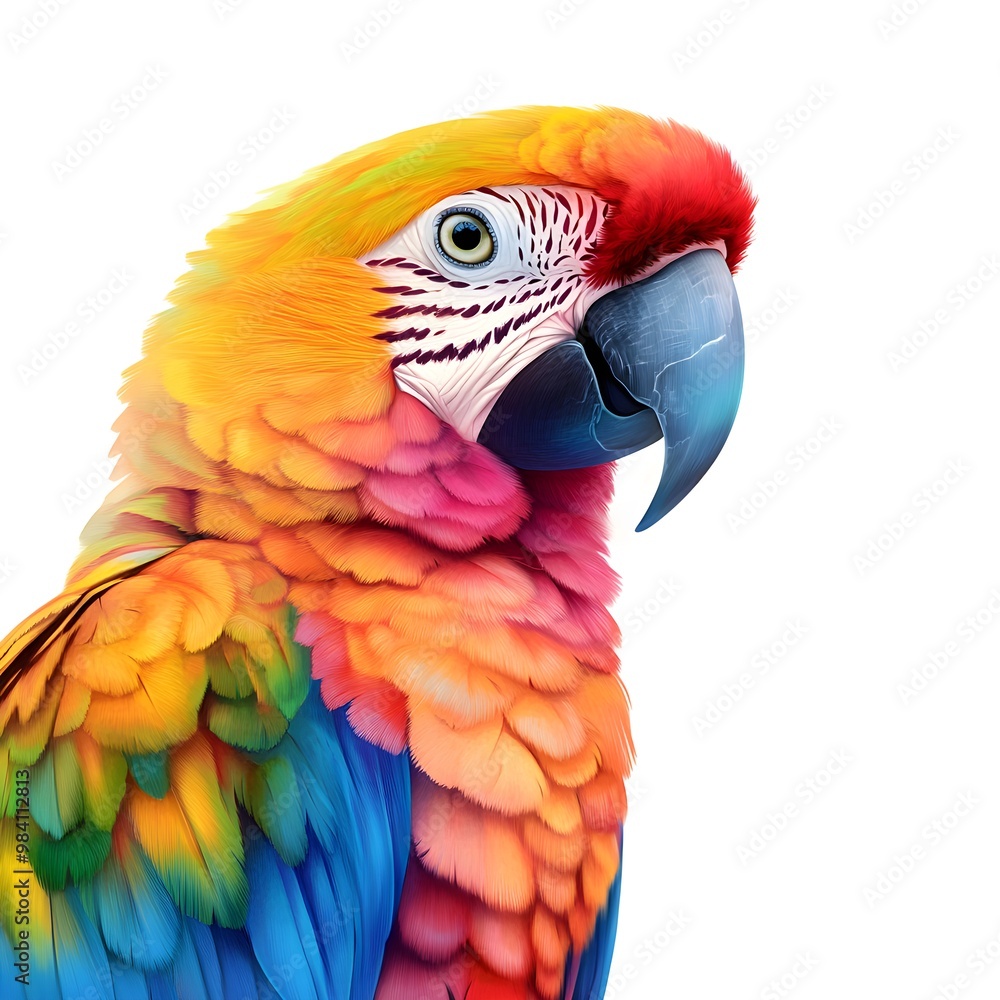 Fototapeta premium Craft a stunning digital painting of a colorful parrot, its vibrant feathers in sharp focus, against a pure white canvas to emphasize its beauty