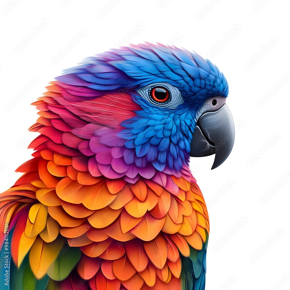 Obraz premium Craft a stunning digital painting of a colorful parrot, its vibrant feathers in sharp focus, against a pure white canvas to emphasize its beauty