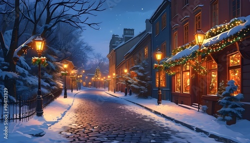 Nostalgic winter evening on a snowy cobblestone street, warm street lights illuminating festively decorated buildings, perfect for holiday greeting card designs photo