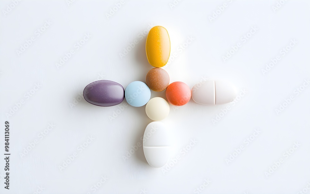 Creative arrangement of various pills and capsules forming a cross shape, symbolizing modern medicine and healthcare solutions, Pharmaceutical art, Medical innovation Creative arrangement of various pills and capsules forming a cross shape, symbolizing modern medicine and healthcare solutions, Pharmaceutical art, Medical innovation