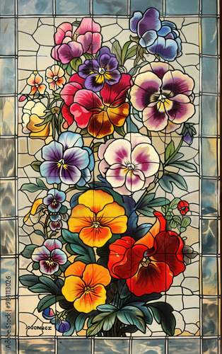 Vivid Victorian Stained Glass Florals: High-Contrast Gouache Chromolithography Illustration from 1845-1895, Clean Vector Art, Centered with 50% Margin photo