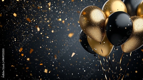 Festive, promotional or birthday background with gold and black balloons on a dark background with confetti with space for text or inscriptions. Black Friday concept or banner
 photo