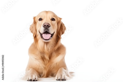 Create a realistic CG 3D image of a majestic Golden Retriever, isolated on a clean white background Focus on capturing the dogs fluffy coat and friendly expression