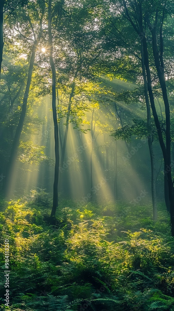 Obraz premium Dense forest in the early morning, with sunlight breaking through the mist