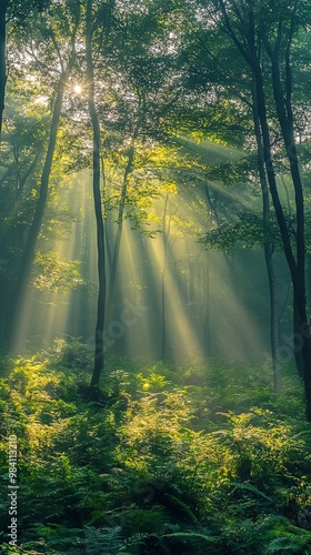 Dense forest in the early morning, with sunlight breaking through the mist